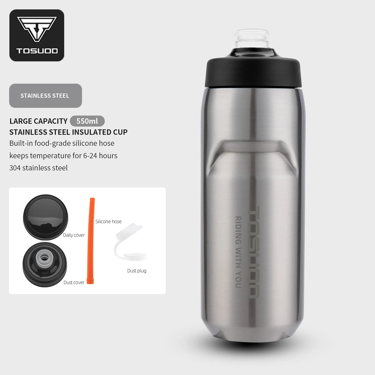 TOSUOD Stainless Steel Insulated Water Cup 550ML 304 Steel Cycling Water Kettle Easy To Carry Keep Warm And Cold Bottle