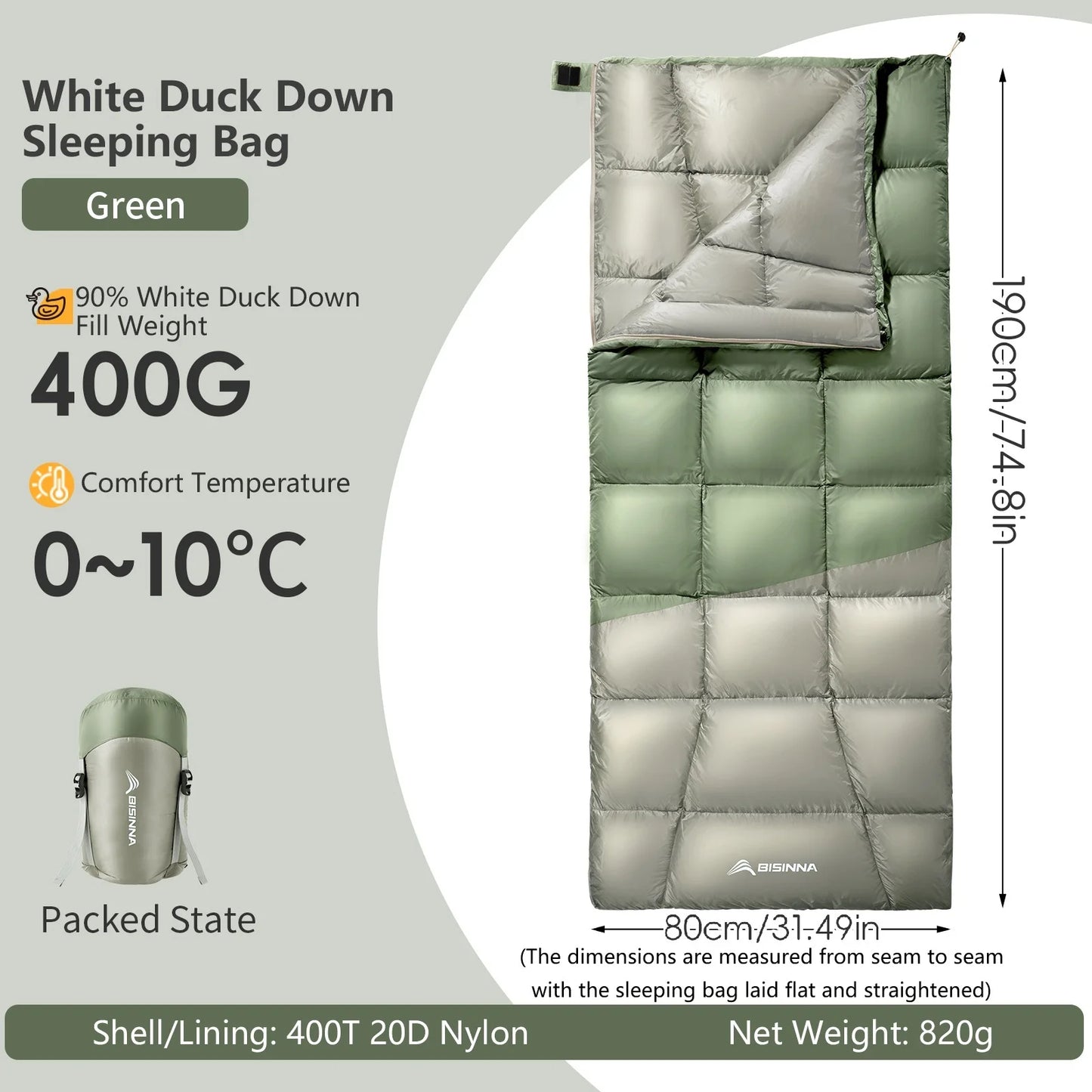 Cold Weather Sleeping Bag Winter Duck Down Envelope for Adults Lightweight Warm and Compact for Hiking Camping