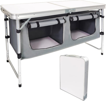 Folding Camping Table with Storage Lightweight Camp Tables Portable Indoor/Outdoor Collapsible Table Height Adjustable Camp Kitchen Perfect for Picnic, Beach, Travel, Tailgating, Backyards, BBQ, Party
