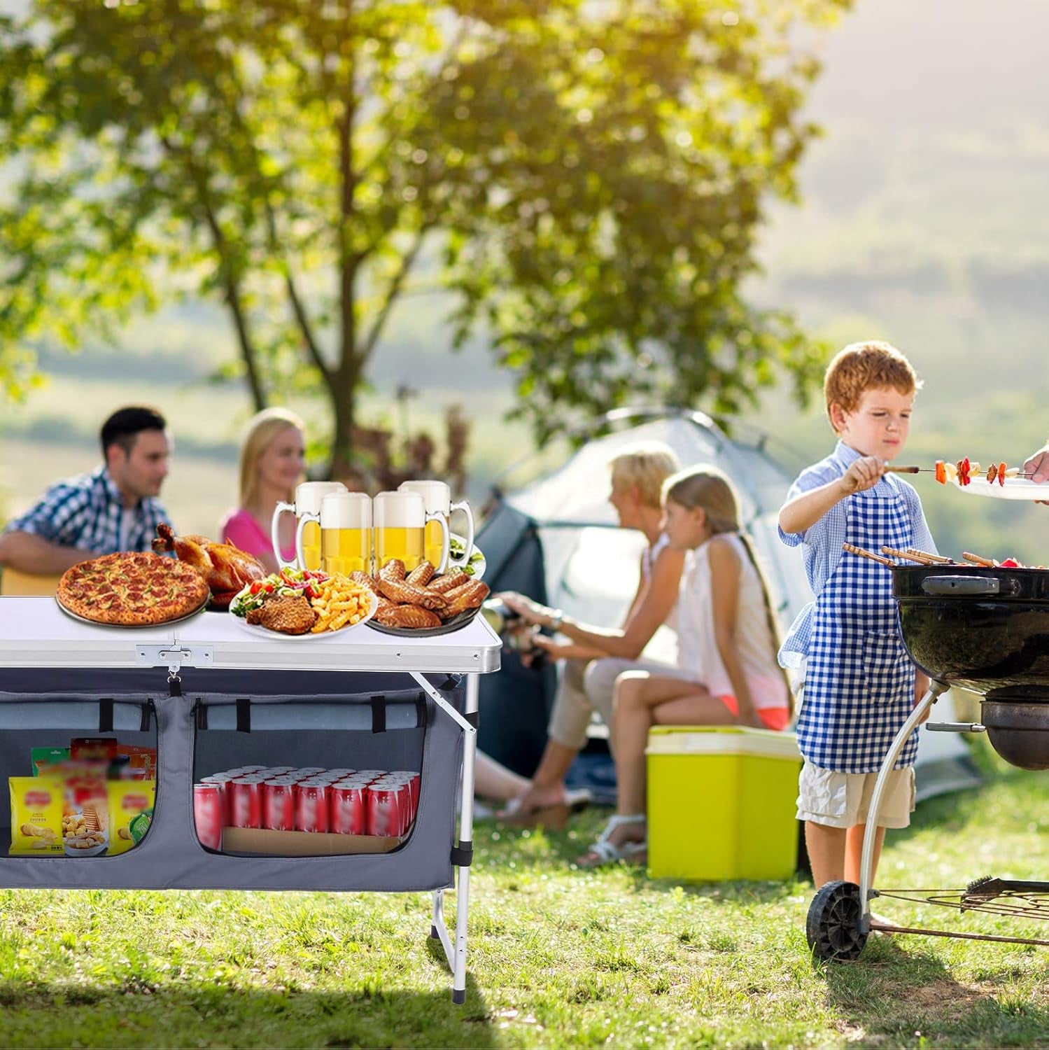 Folding Camping Table with Storage Lightweight Camp Tables Portable Indoor/Outdoor Collapsible Table Height Adjustable Camp Kitchen Perfect for Picnic, Beach, Travel, Tailgating, Backyards, BBQ, Party