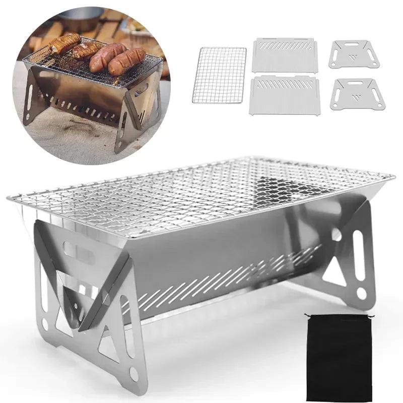 Mini Barbecue Grill Picnic Charcoal Camping Tools Outdoor Folding Card-type Stainless Steel Portable Small Charcoal Stove Burner