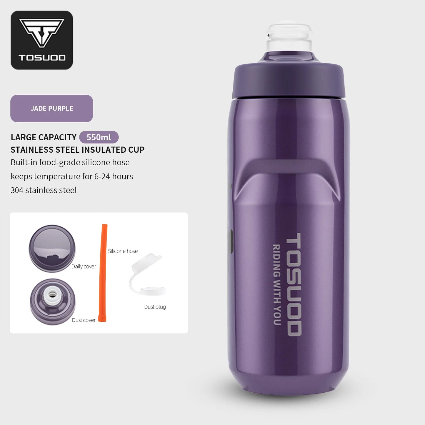 TOSUOD Stainless Steel Insulated Water Cup 550ML 304 Steel Cycling Water Kettle Easy To Carry Keep Warm And Cold Bottle