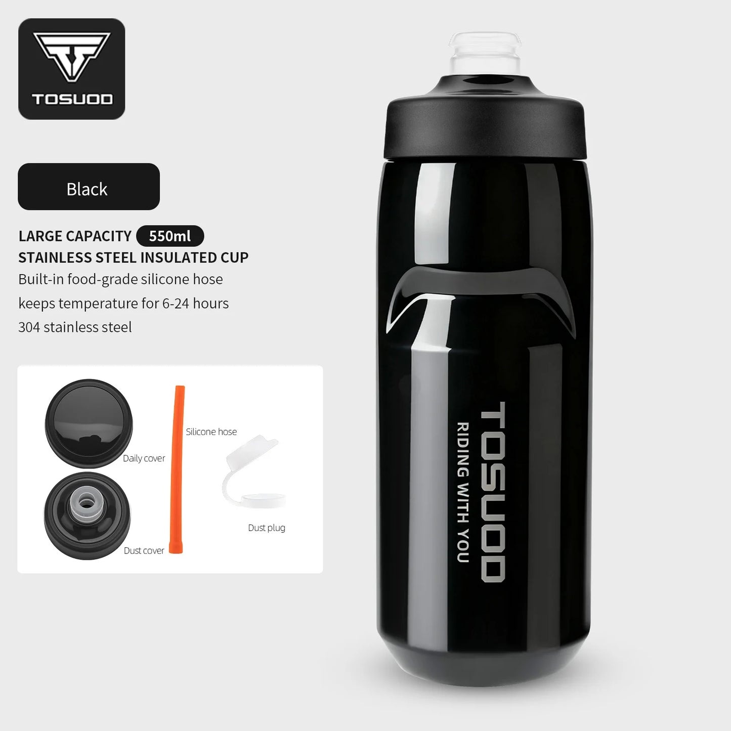 TOSUOD Stainless Steel Insulated Water Cup 550ML 304 Steel Cycling Water Kettle Easy To Carry Keep Warm And Cold Bottle