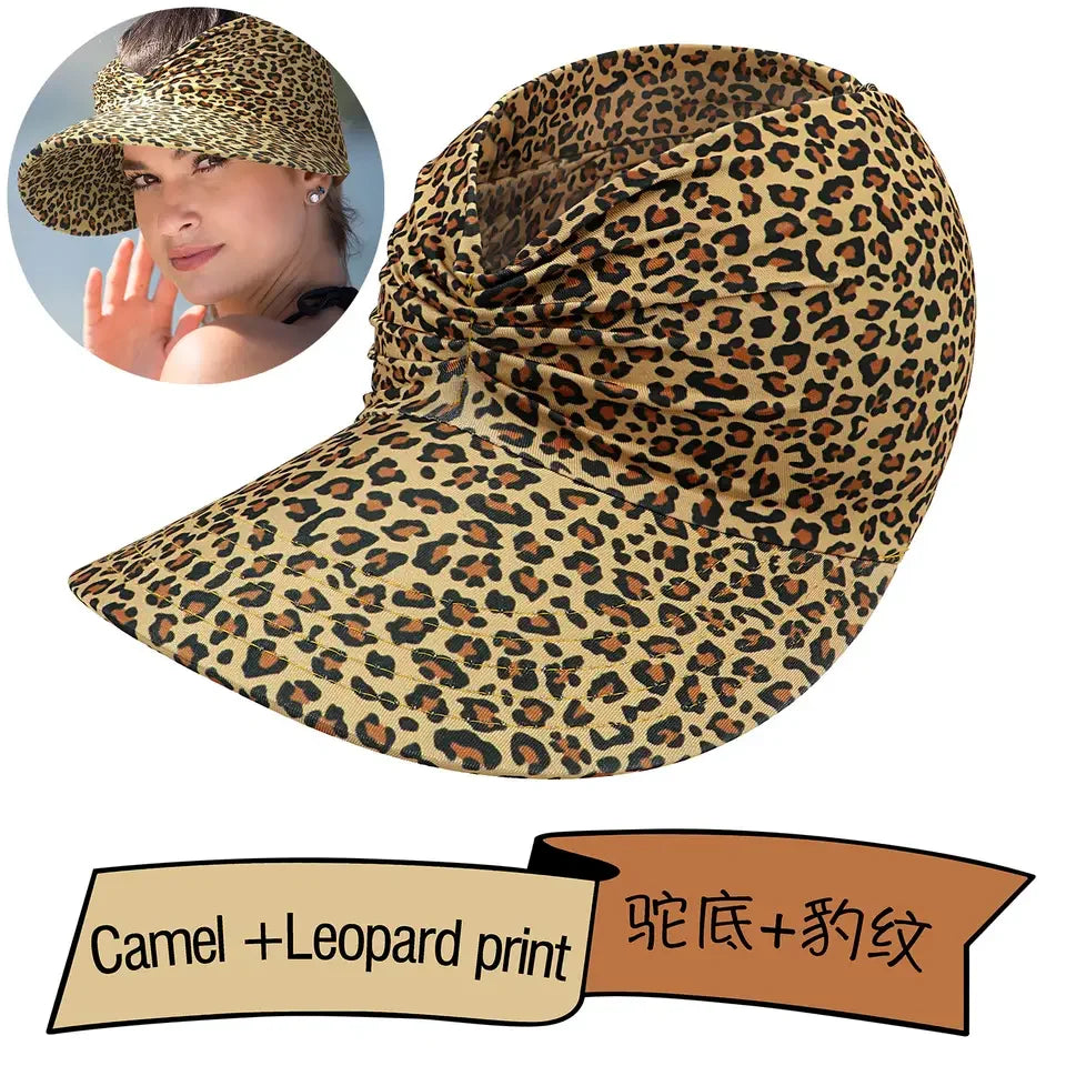 Women's Sun Hat Sun UV Protection Large Brim Face Blocking Cap Outdoor Fashion Beach Leopard Print Swimming Empty Top Sports Hat