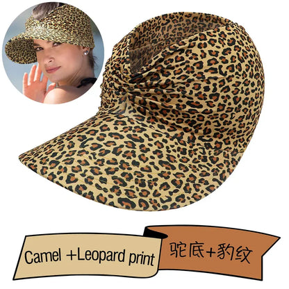 Women's Sun Hat Sun UV Protection Large Brim Face Blocking Cap Outdoor Fashion Beach Leopard Print Swimming Empty Top Sports Hat