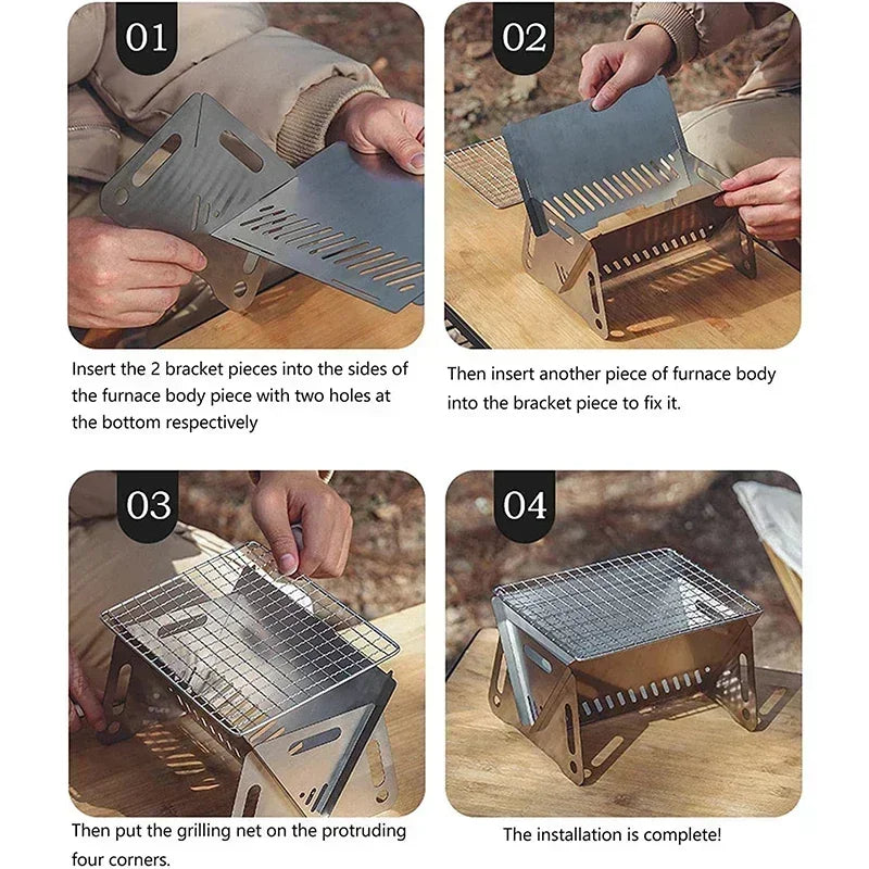 Mini Barbecue Grill Picnic Charcoal Camping Tools Outdoor Folding Card-type Stainless Steel Portable Small Charcoal Stove Burner