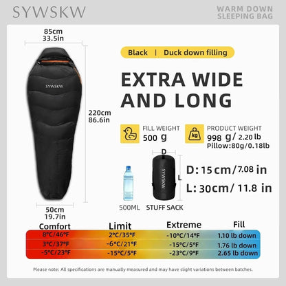 Ultralight Down Sleeping Bag with Pillow, 15°F to 0°F Wide Design for Camping and Hiking, Compact and Warm