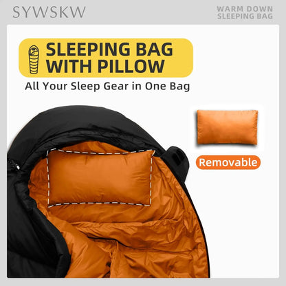 Ultralight Down Sleeping Bag with Pillow, 15°F to 0°F Wide Design for Camping and Hiking, Compact and Warm