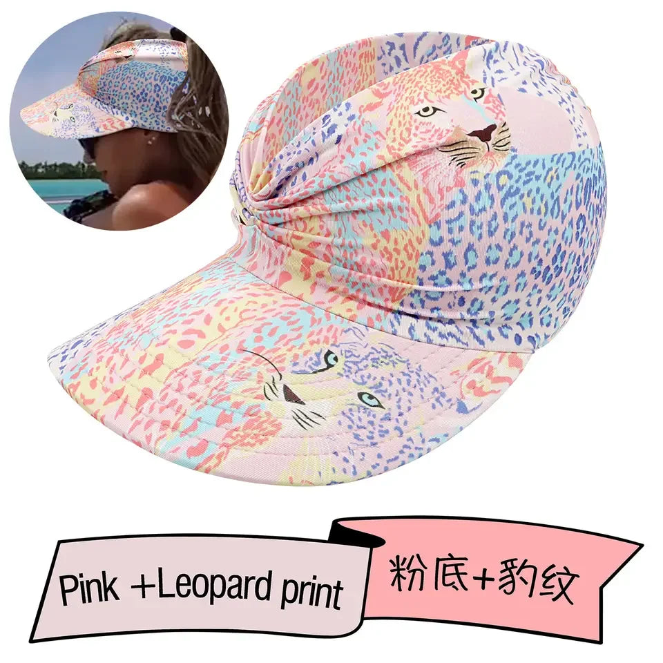 Women's Sun Hat Sun UV Protection Large Brim Face Blocking Cap Outdoor Fashion Beach Leopard Print Swimming Empty Top Sports Hat