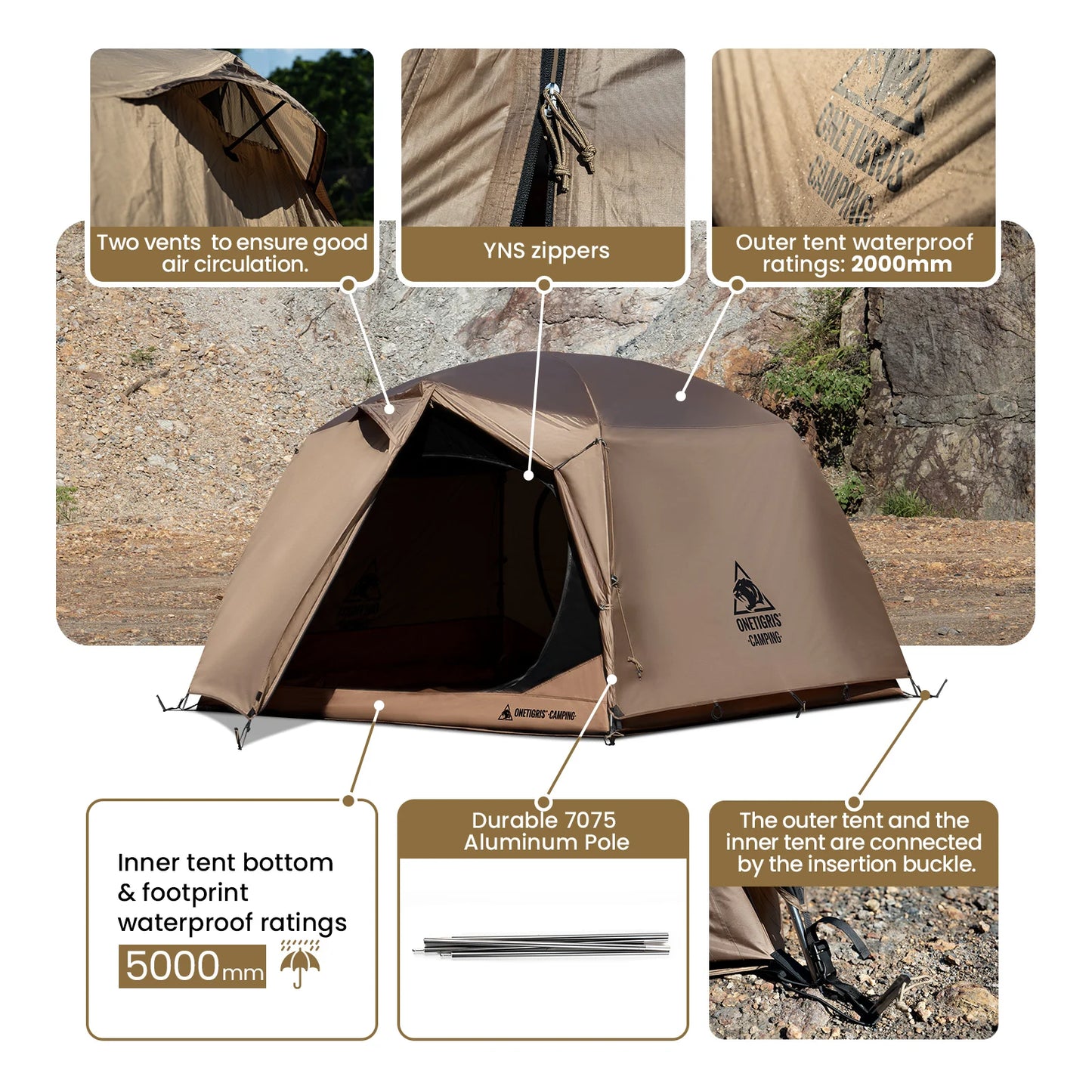 OneTigris JOVIAN Camping Tent 3-Season 4-Person Outdoor Backpacking Shelter With Tent Bottom Waterproof Floor Mat