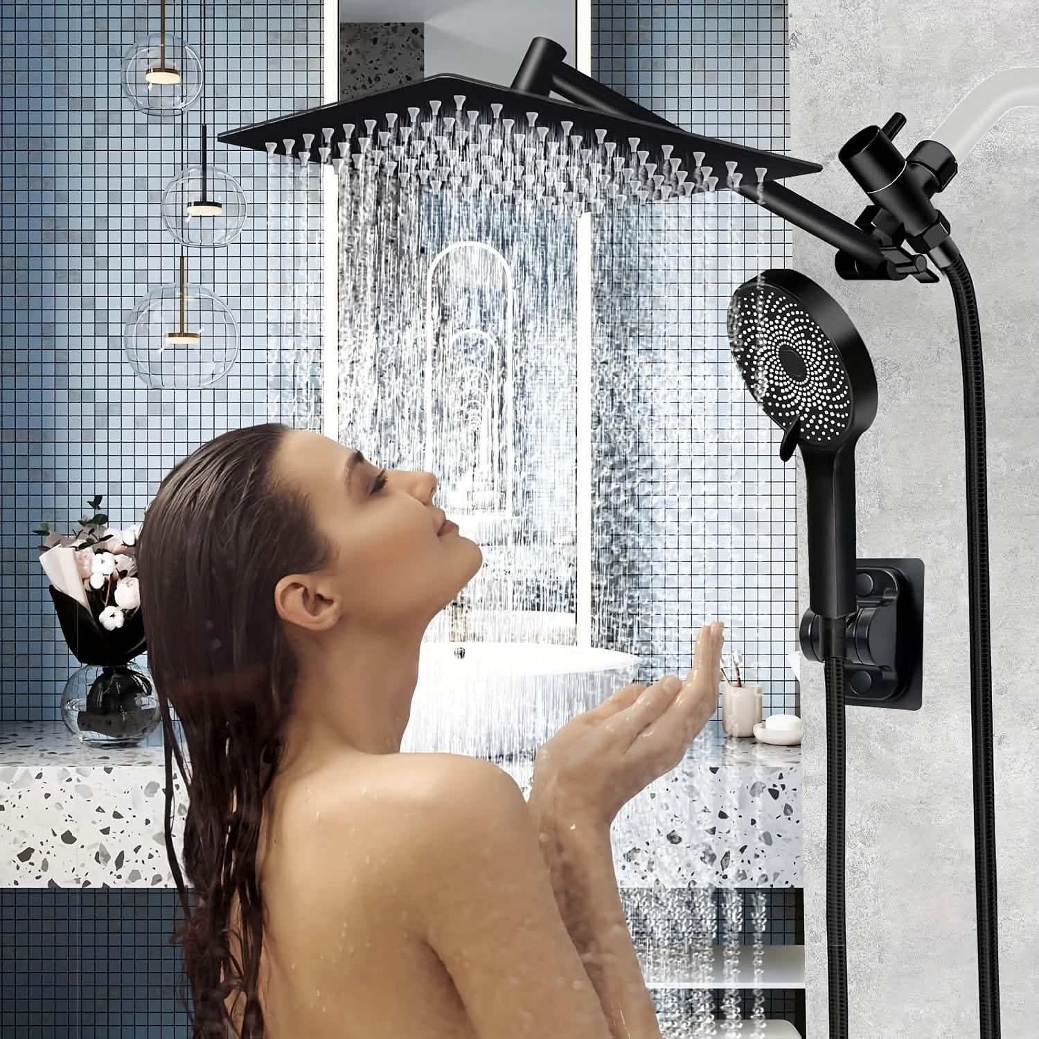 High Pressure Rainfall and Handheld Shower Head Chrome Black